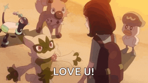 a cartoon of a woman standing next to a group of pokemon with the words `` love u '' written on it .