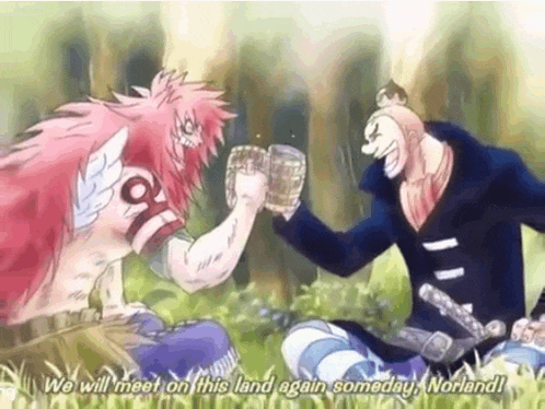a couple of anime characters are sitting in the grass toasting with beer mugs .