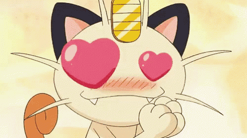 a cartoon cat with heart shaped eyes and a yellow stripe on its head