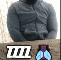a man in a grey hoodie is sitting at a table with a fly and the number 777