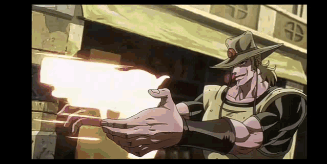 a man in a cowboy hat is holding a fireball in his hands .