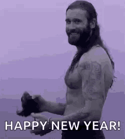a shirtless man with long hair and a beard is holding a bottle of wine and says `` happy new year '' .