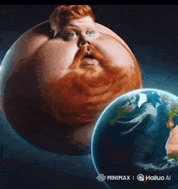 a cartoon of a fat man with a beard standing next to a small earth