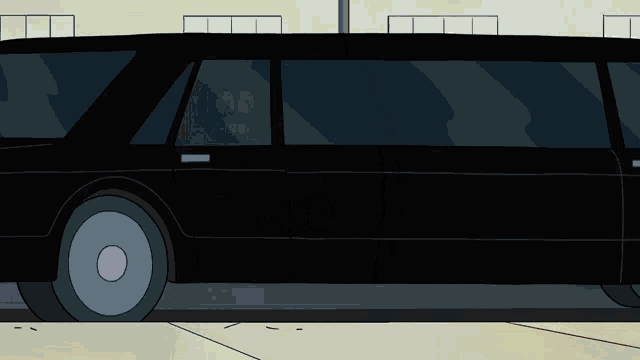 a cartoon drawing of a black limousine with a white tire