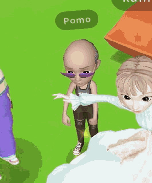 a cartoon character named pomo is standing next to a girl in a blue dress