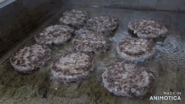 a bunch of hamburger patties are being cooked in a pan with the words made in animatica on the bottom