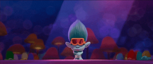 a troll wearing sunglasses is standing in front of a purple background with mushrooms .