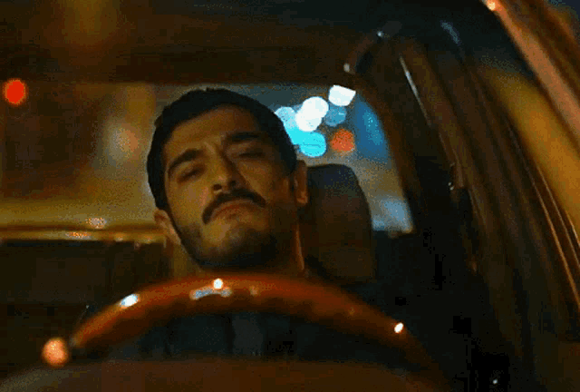 a man with a beard and mustache is driving a car at night .