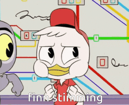 a cartoon of a duck wearing a red hat with the words finn stunning below him