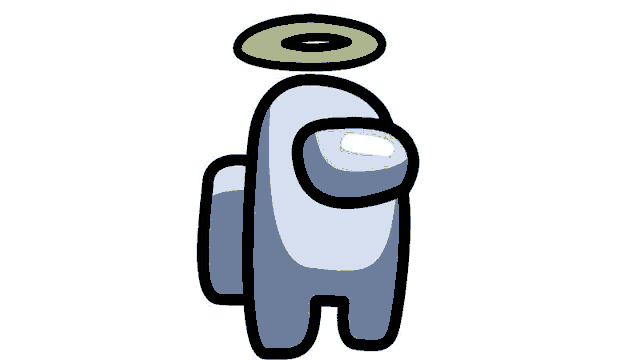 a white among us character with a halo on his head