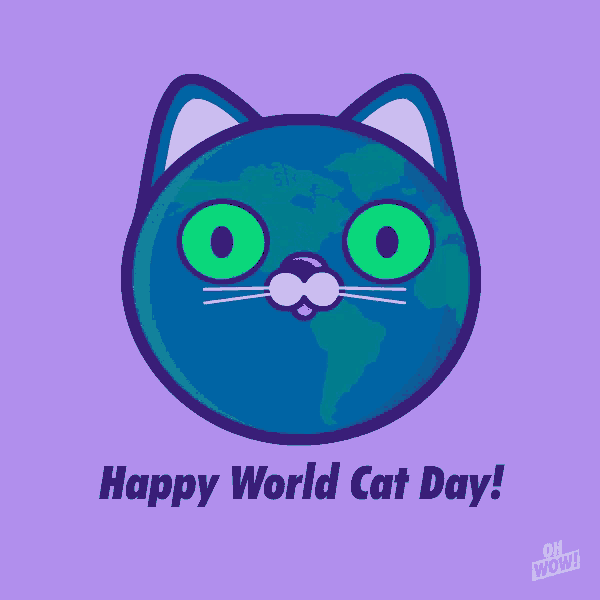 a blue cat with green eyes and the words happy world cat day below it