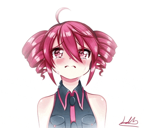 a drawing of a girl with pink hair has the letters lm on the bottom