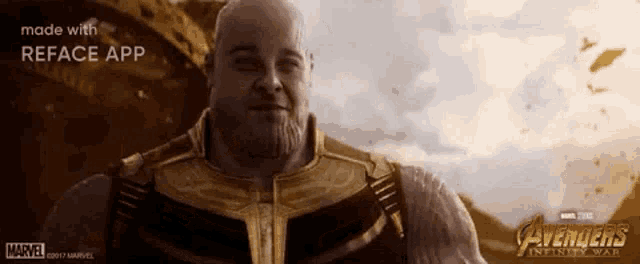 a poster for avengers infinity war showing thanos with a reface app