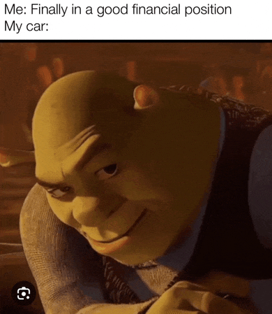 shrek from the movie shrek is smiling with a caption that reads " finally in a good financial position my car "