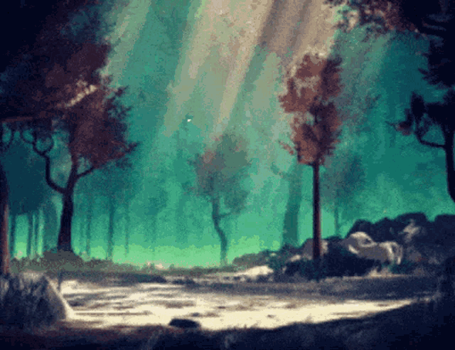 a painting of a forest with trees and rocks