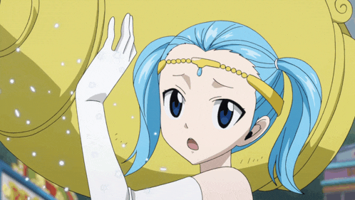 a girl with blue hair and white gloves is holding something
