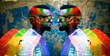 a painting of two men looking at each other with one wearing a rainbow shirt