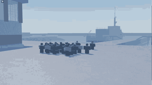 a group of roblox characters are standing in front of a ship