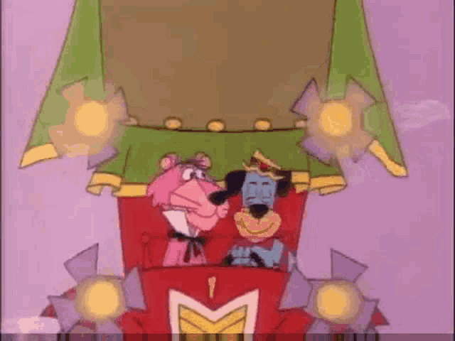 two cartoon characters are sitting in a hot air balloon with a green roof .