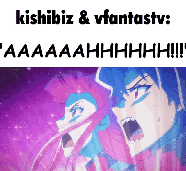 a couple of anime characters with their mouths open and the words kishibiz and vfantastv