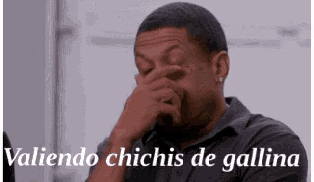 a man covering his face with his hand with the words valiendo chichis de gallina written below him