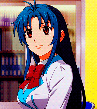 a girl with blue hair and a red bow tie is standing in front of a bookshelf