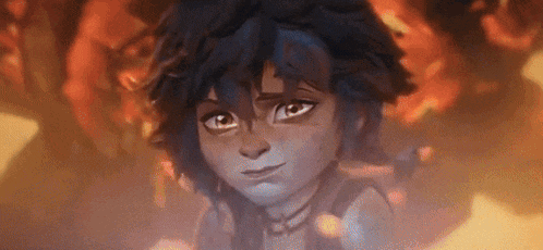 a close up of a cartoon character with blue hair looking at the camera with a fire in the background .