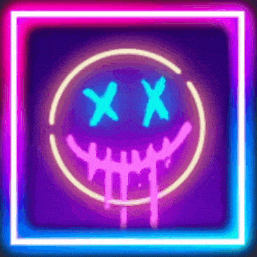 a neon sign with a smiley face and x 's on it 's eyes .