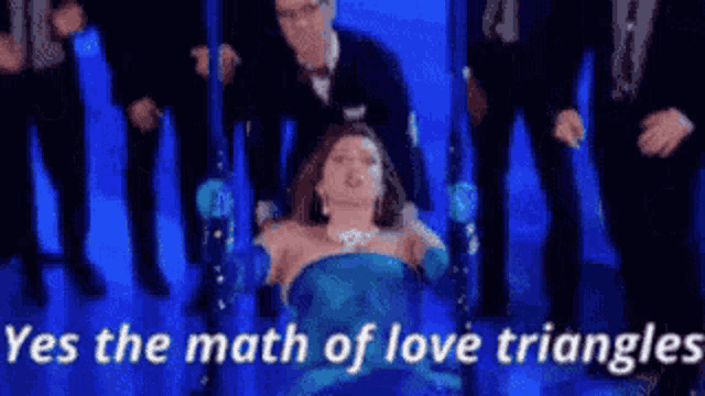 a woman in a blue dress is laying on a swing with the words " yes the math of love triangles " written above her
