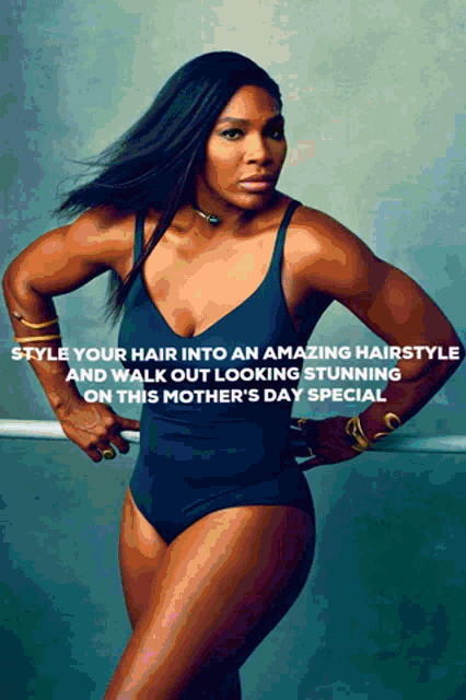 a woman in a bathing suit is standing in front of a sign that says style your hair into an amazing hairstyle and walk out