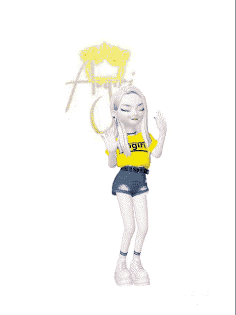 a cartoon girl wearing a yellow shirt and blue shorts is dancing