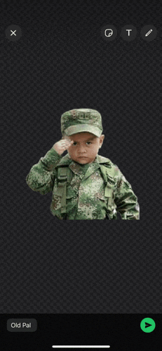 a little boy in a military uniform salutes on a phone