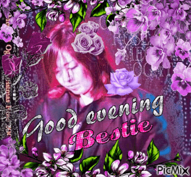 a picture of a woman surrounded by purple flowers with the words good evening bestie