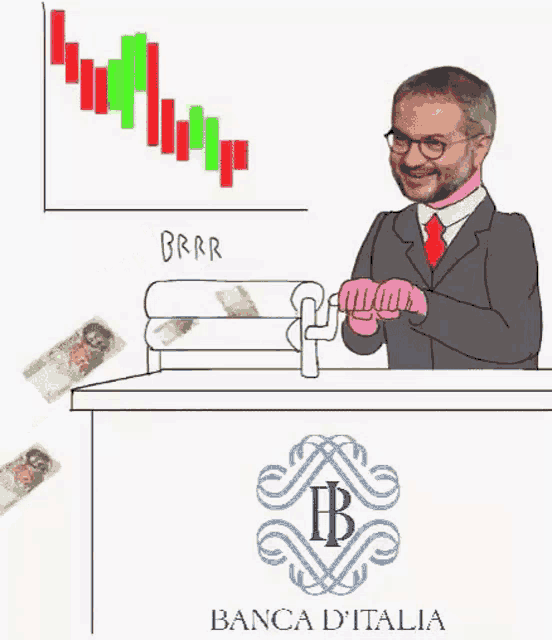 a cartoon of a man in a suit and tie standing behind a desk with a bank of italia logo on it .
