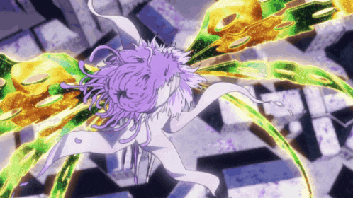 a girl with purple hair is surrounded by green and gold leaves
