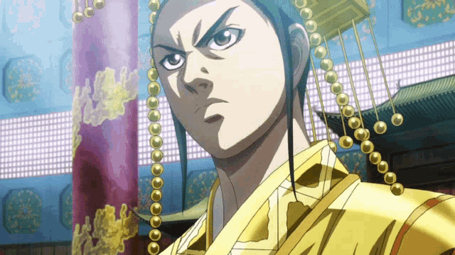 a cartoon of a man wearing a crown with gold beads