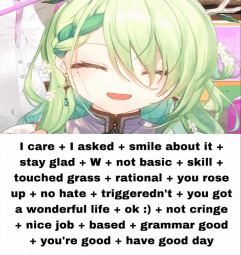 a picture of a girl with green hair and a caption that says i care