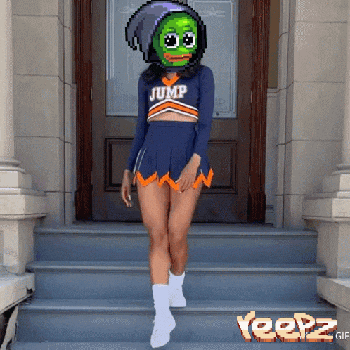 a pixel art of a cheerleader with a frog mask on her head that says jump