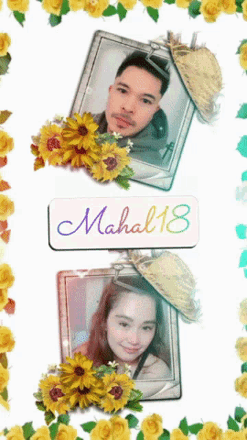 a picture of a man and a woman surrounded by yellow flowers and the name mahal18