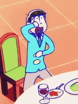 a cartoon character in a blue jacket is covering his face with his hand