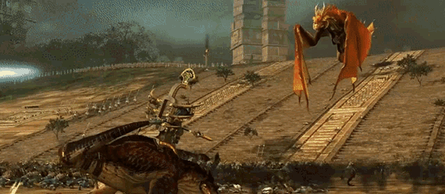 Carnosaur Vs Sun Dragon Total War Warhammer GIF - Carnosaur Vs Sun Dragon Total War Warhammer Lizardmen GIFs