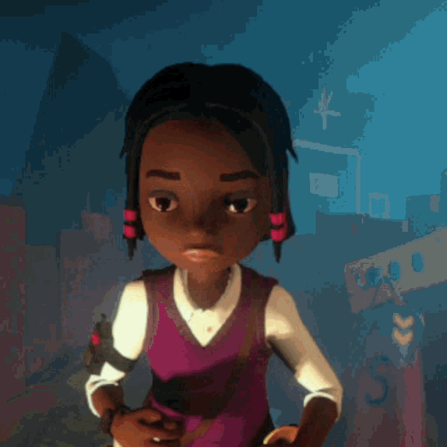 a girl in a purple vest and white shirt is standing in front of a blue building with a cross on it
