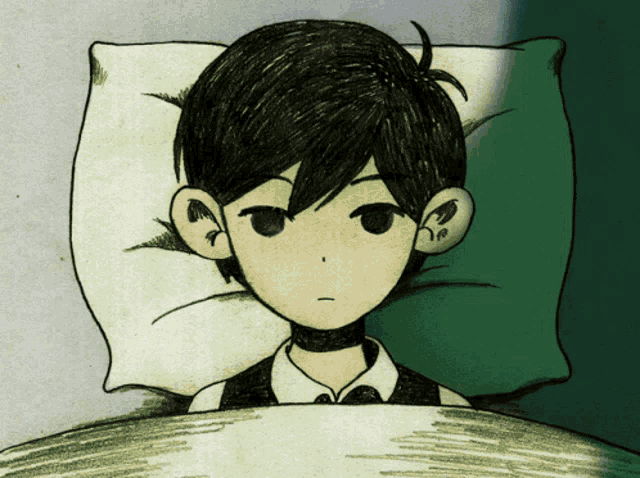 a drawing of a boy laying in a bed with a green pillow