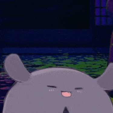 a cartoon drawing of a rabbit with a purple background