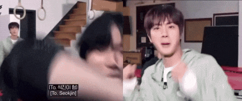 a close up of a person 's face with the words to seokjin on it