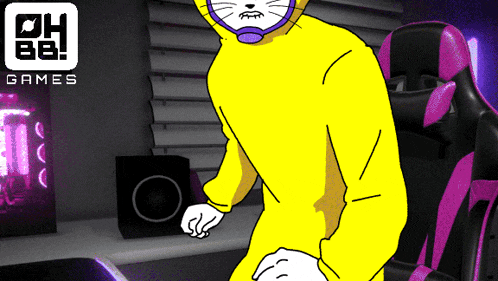 a cartoon of a cat in a yellow suit with the words oh bb games on the bottom