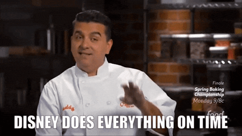 a chef says disney does everything on time in front of a brick wall