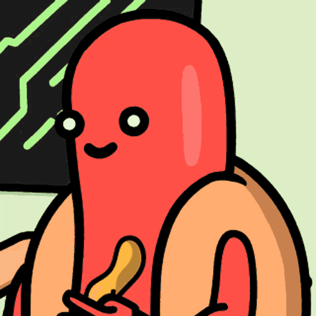 a cartoon drawing of a hot dog with a yellow toothpick sticking out of it 's mouth