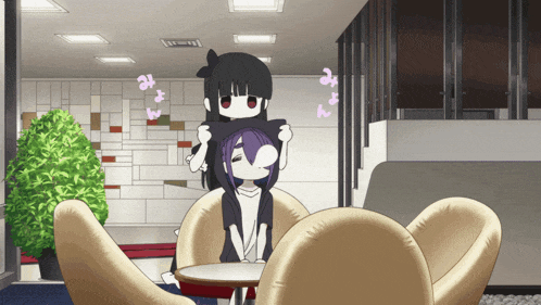 a girl with purple hair is sitting on another girl 's shoulders in a room