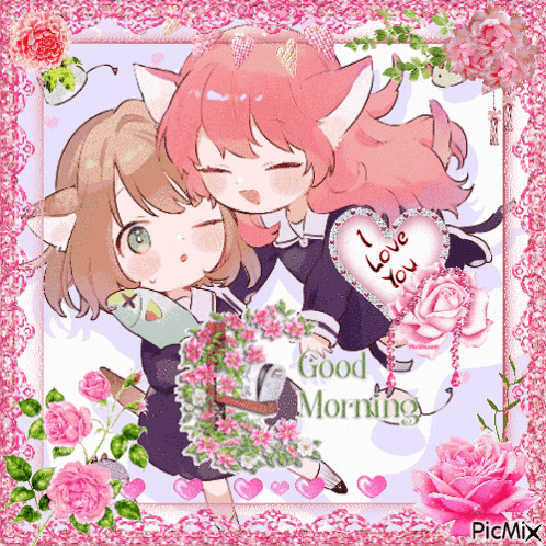 a picture of two anime girls with a heart that says i love you
